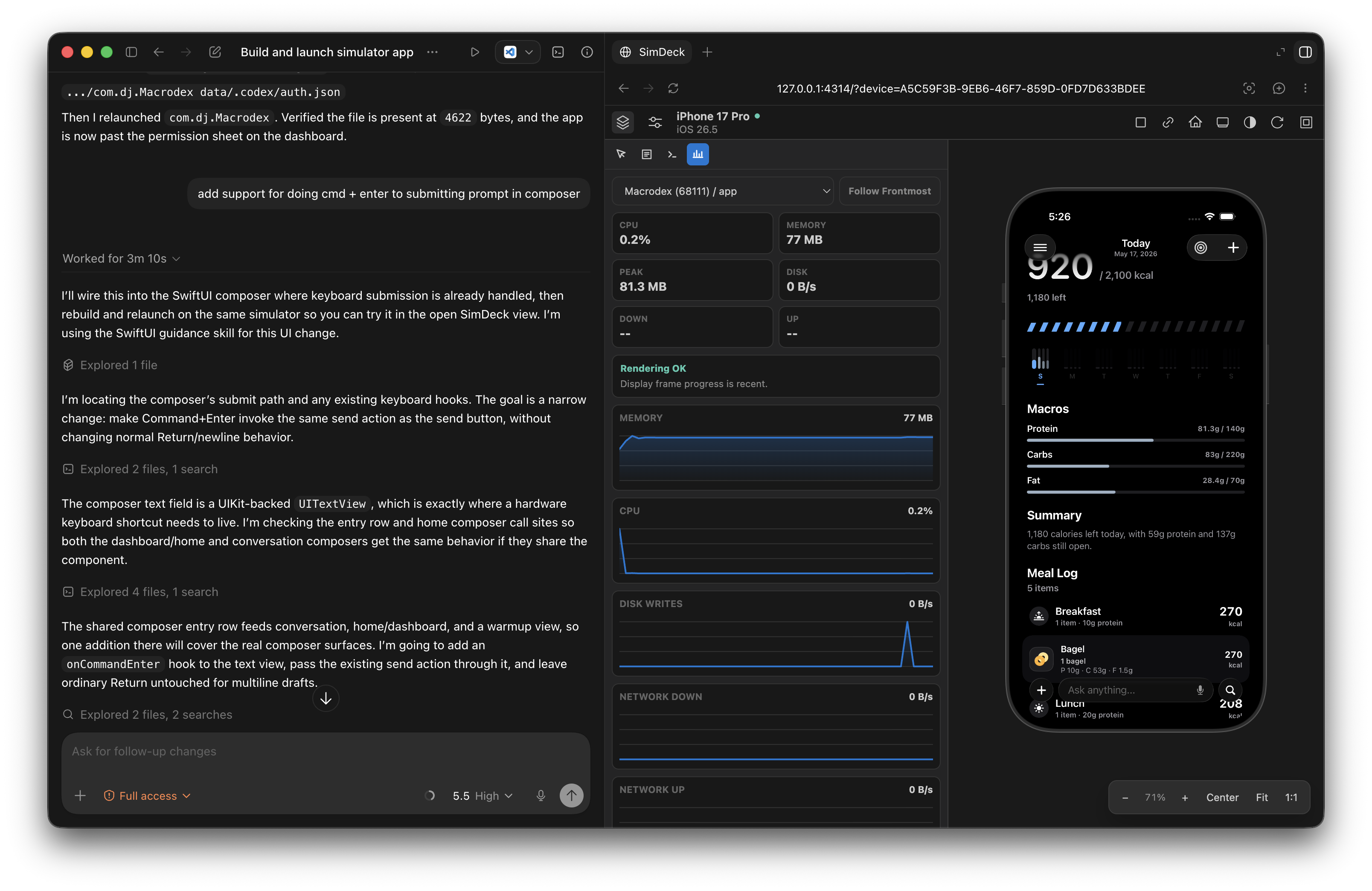SimDeck streaming an iPhone simulator inside a development workspace