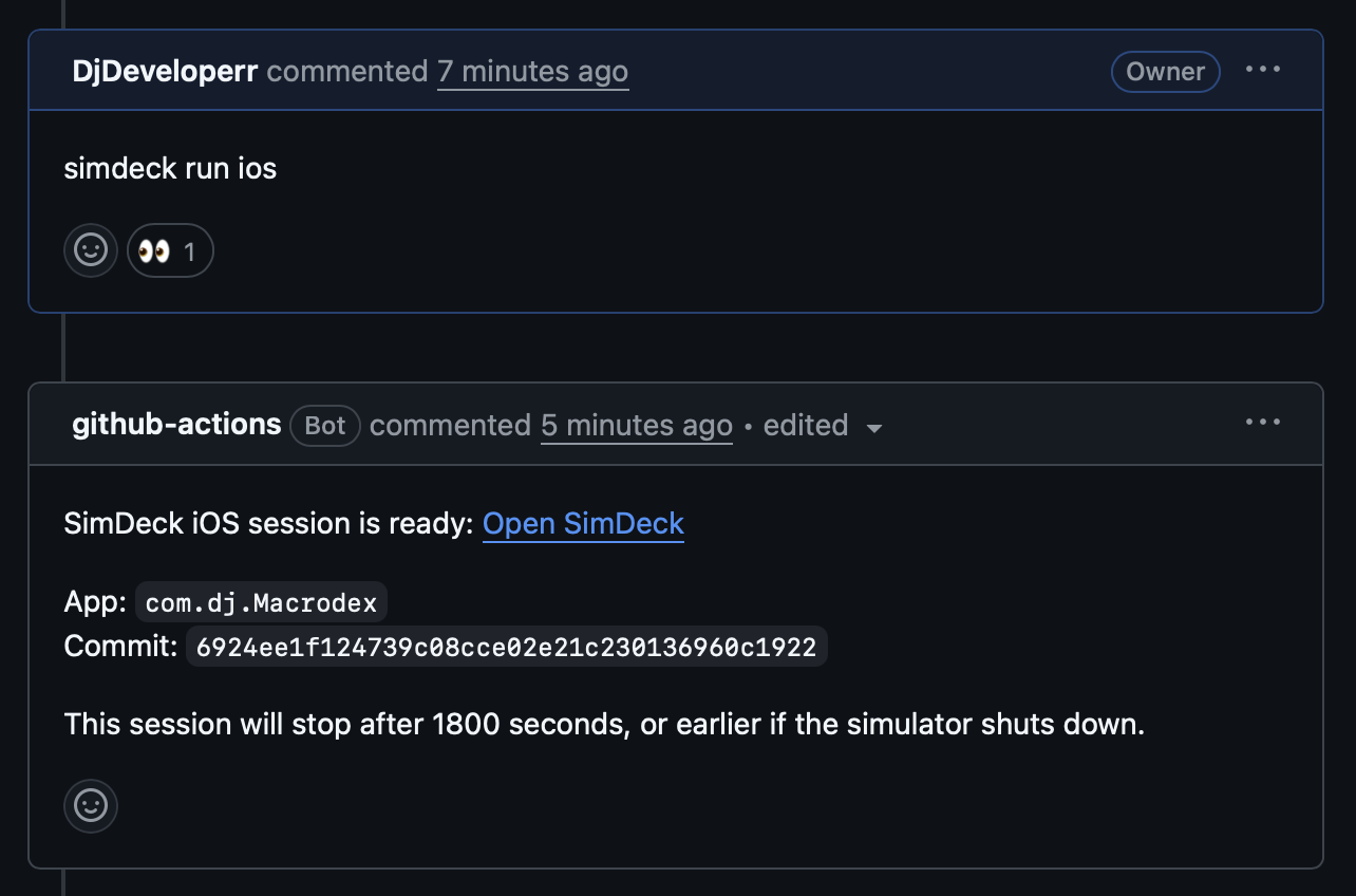 SimDeck pull request preview comment with a streamed simulator session